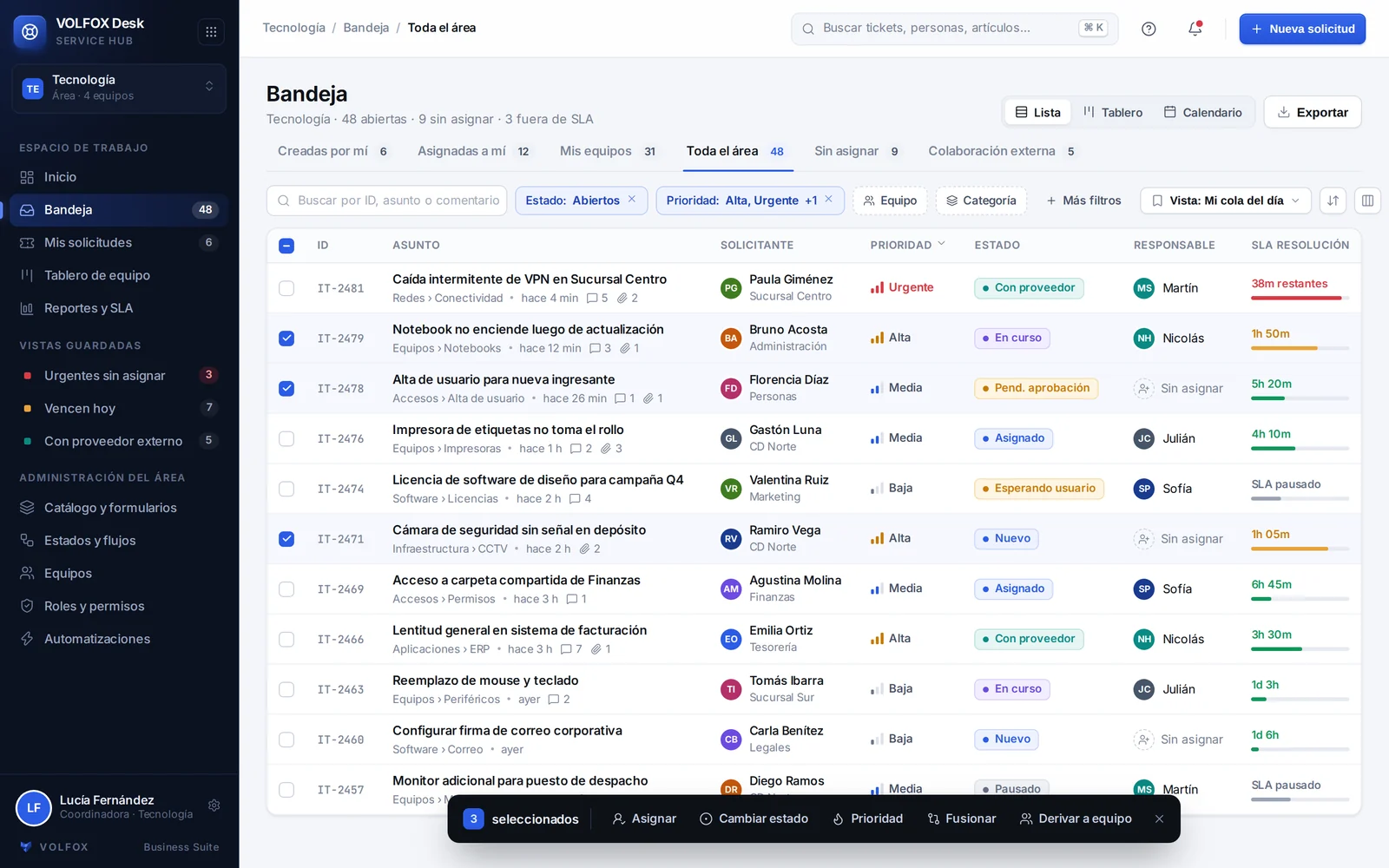Bandeja de solicitudes con filtros, prioridades, estados y medidor de SLA