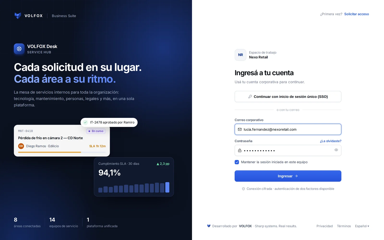 Pantalla de ingreso con inicio de sesión único
