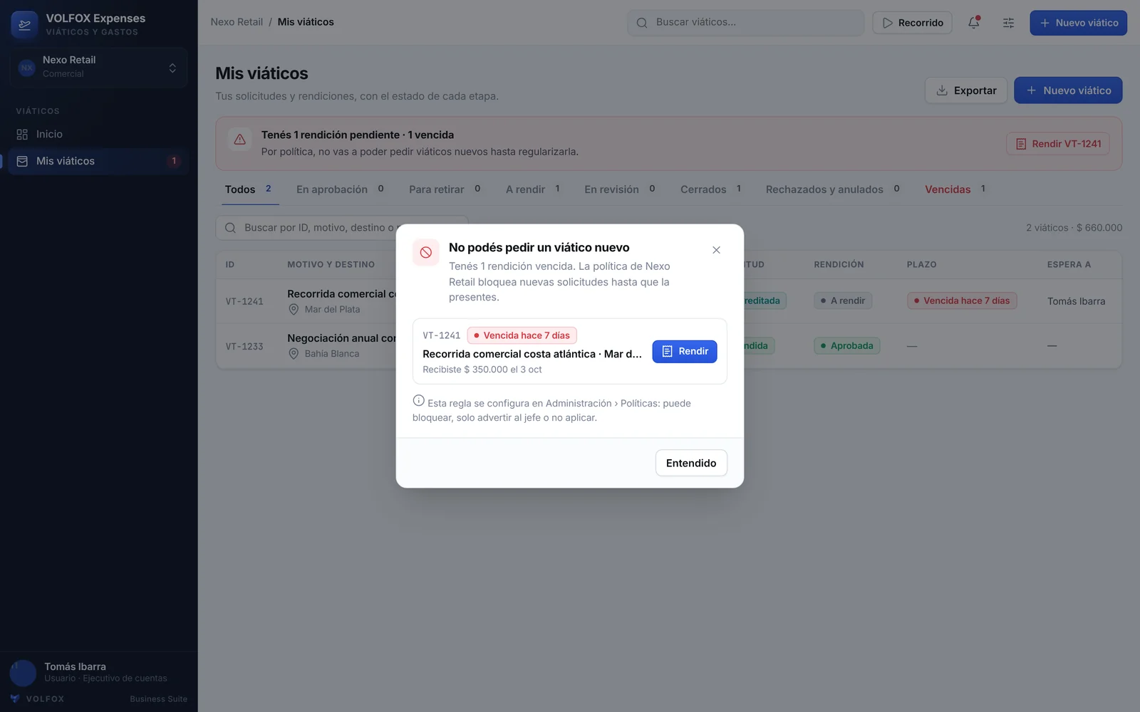 Bloqueo de una nueva solicitud por tener una rendición vencida